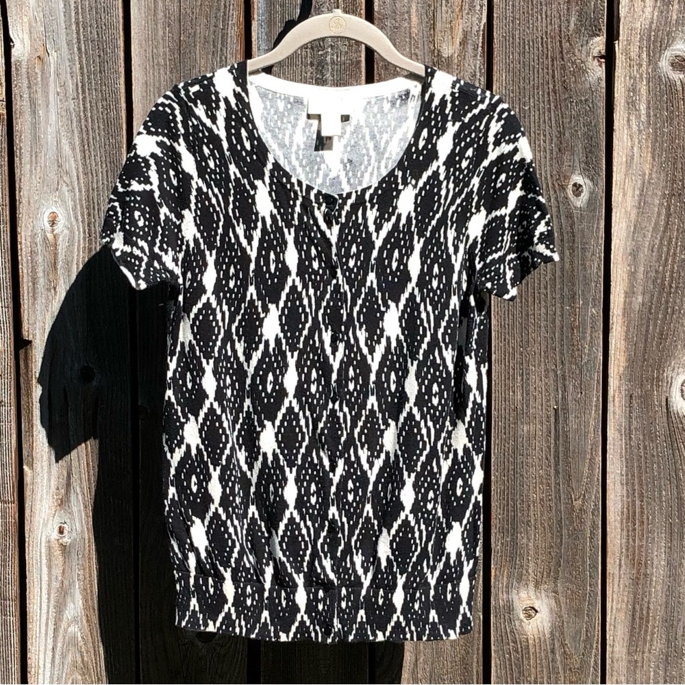 Loft black and cream short sleeve cardigan sweater size medium